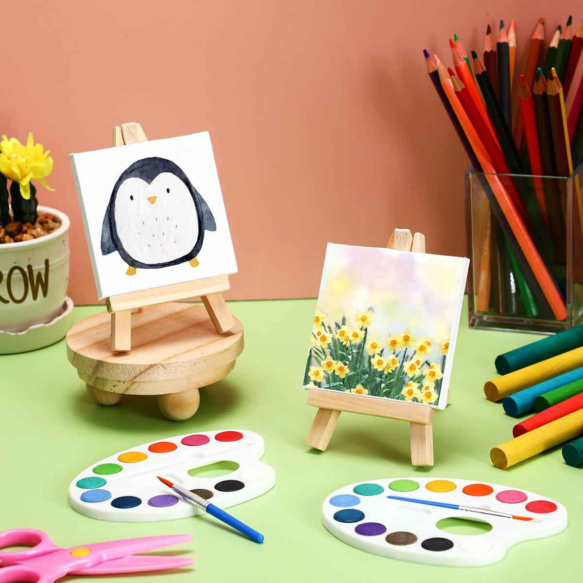 Zubebe mini canvas painting kit with 4 x 4 inch canvases, wooden easels and watercolor palettes - view 3
