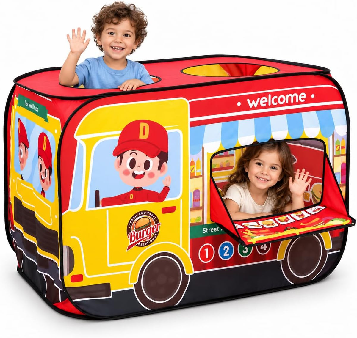 Cecailin fire truck pop up play tent for kids with roll-up door in red - view 4