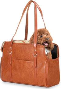 Dog Carrier Purse, Fashion Leather Pet Carrier with Pockets - Brown