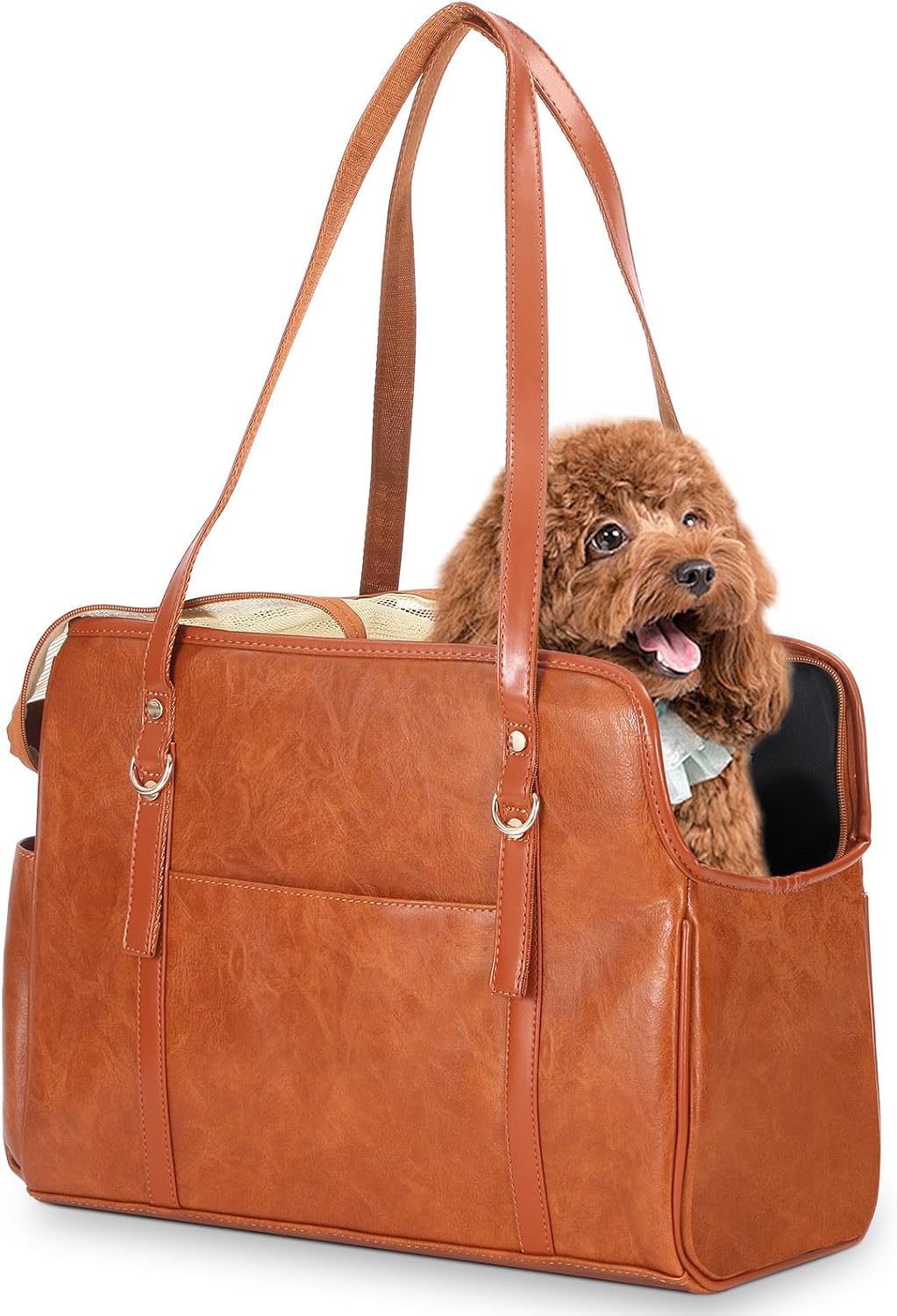 Dog Carrier Purse, Fashion Leather Pet Carrier with Pockets - Brown