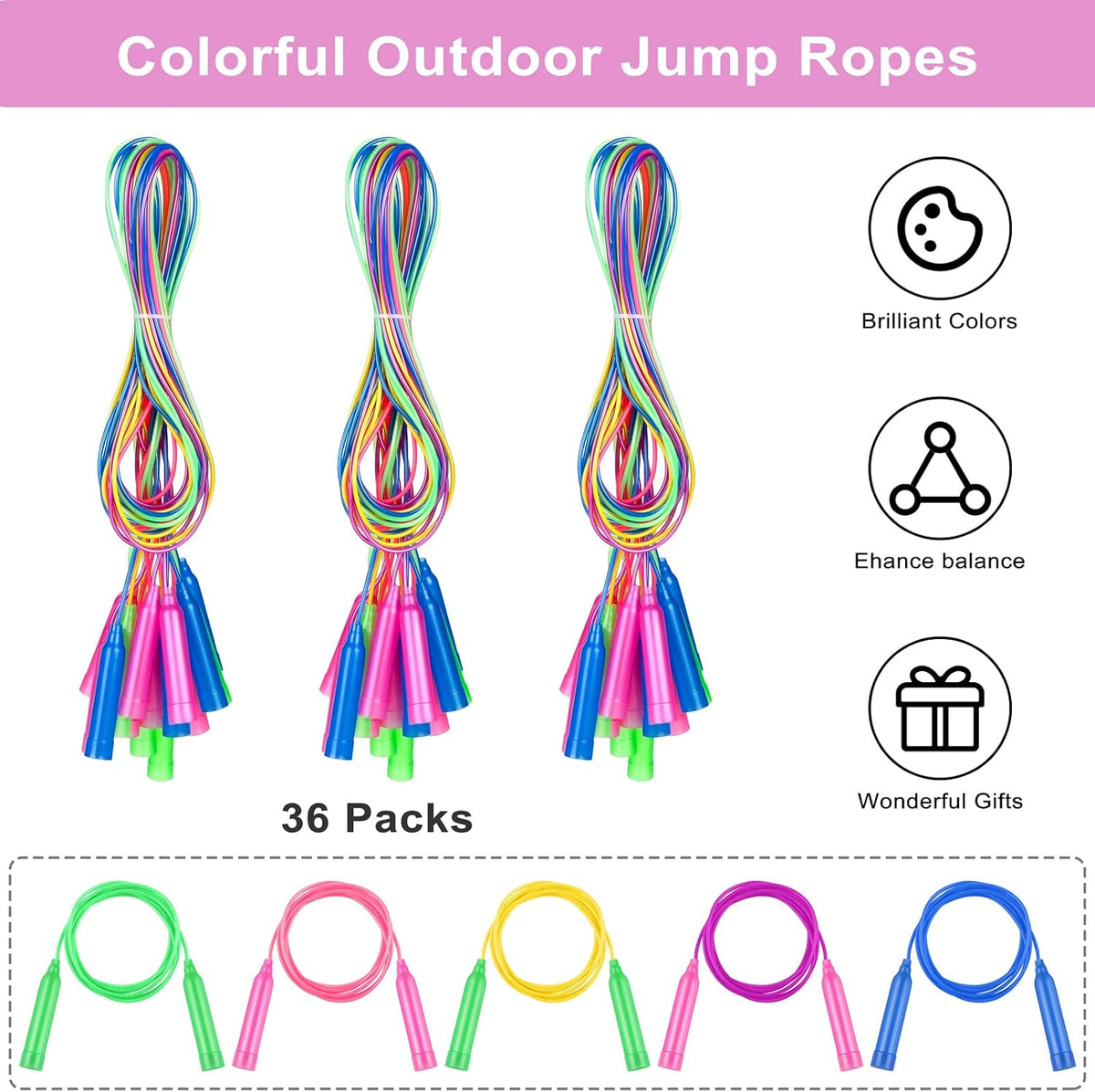 Elcoho kids jump rope set, 36 colorful adjustable skipping ropes with plastic handles - view 6
