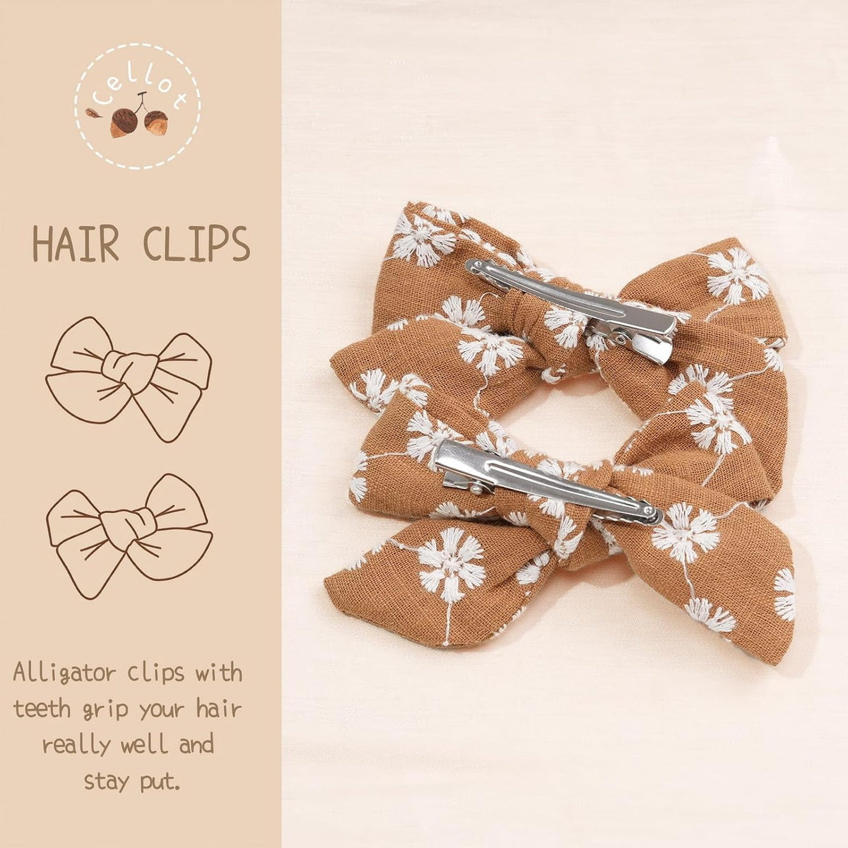 CÉLLOT Girls Hair Bows Linen Fabric 3.5" Bows Alligator Clips - image 4