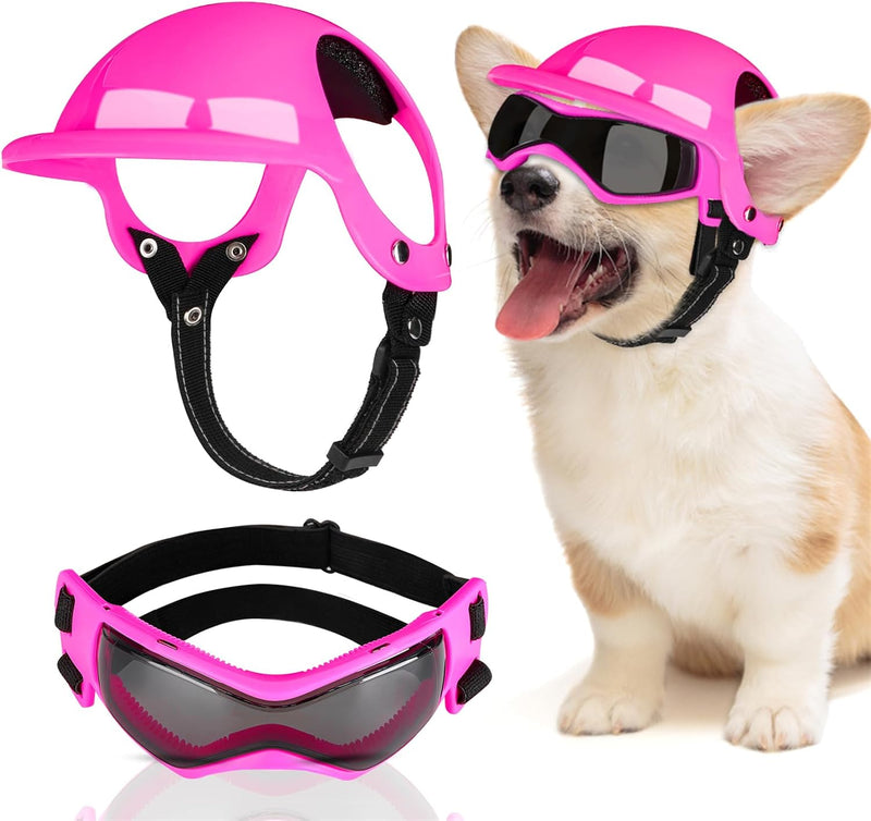 SlowTon Dog Helmet and Goggles, Dog Hat & Sunglasses Set - Small (16.5-27.5 lb) / 2.Pink