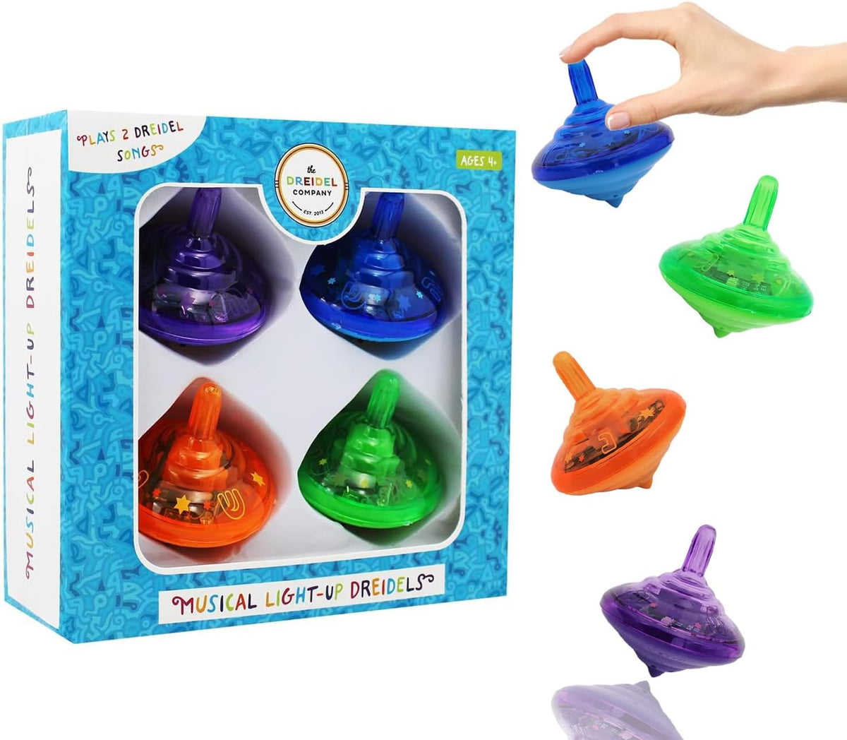 The Dreidel Company musical light-up Hanukkah dreidels, 4 pack in assorted colors