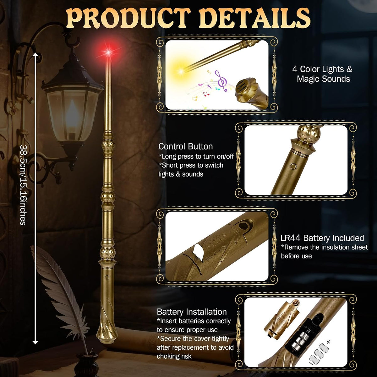 Light Up Magic Wizard Wand with Sounds & 4 Color Lights Illuminating - Golden - image 2