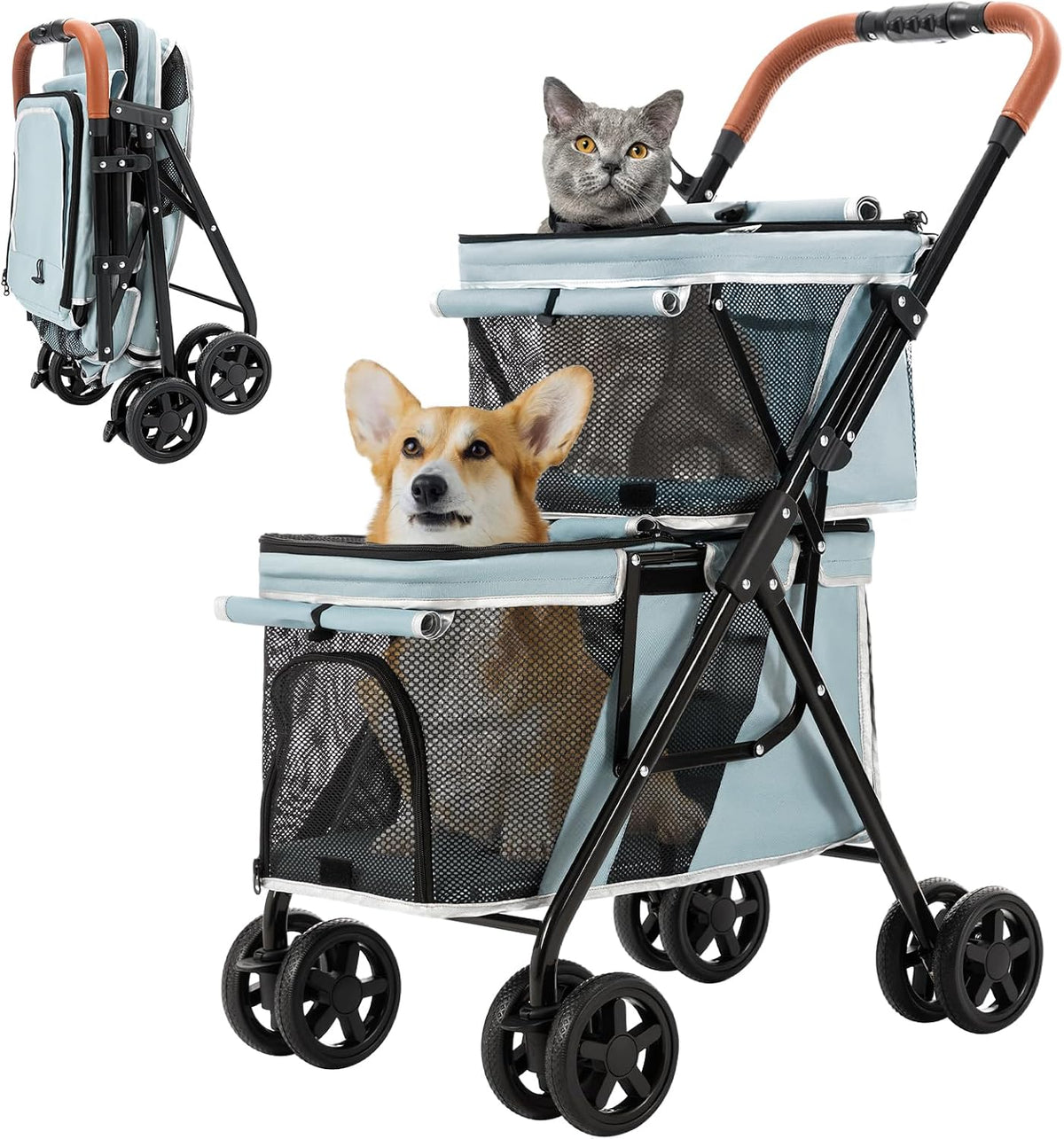 Double Pet Stroller for 2 Dogs & Cats, Double-Decker, Blue – Essentials for Dogs - Light Blue