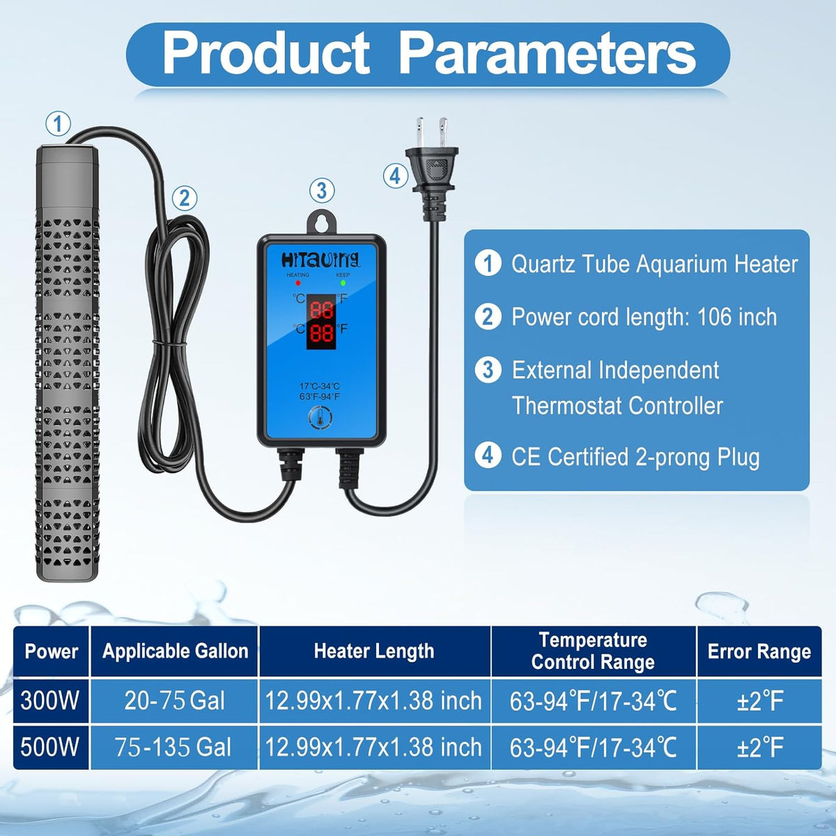 HiTauing Aquarium Heater, Upgraded 300W/500W Fish Tank Heater with Intelligent Leaving Water - 300W for 40-75 Gallon - image 3