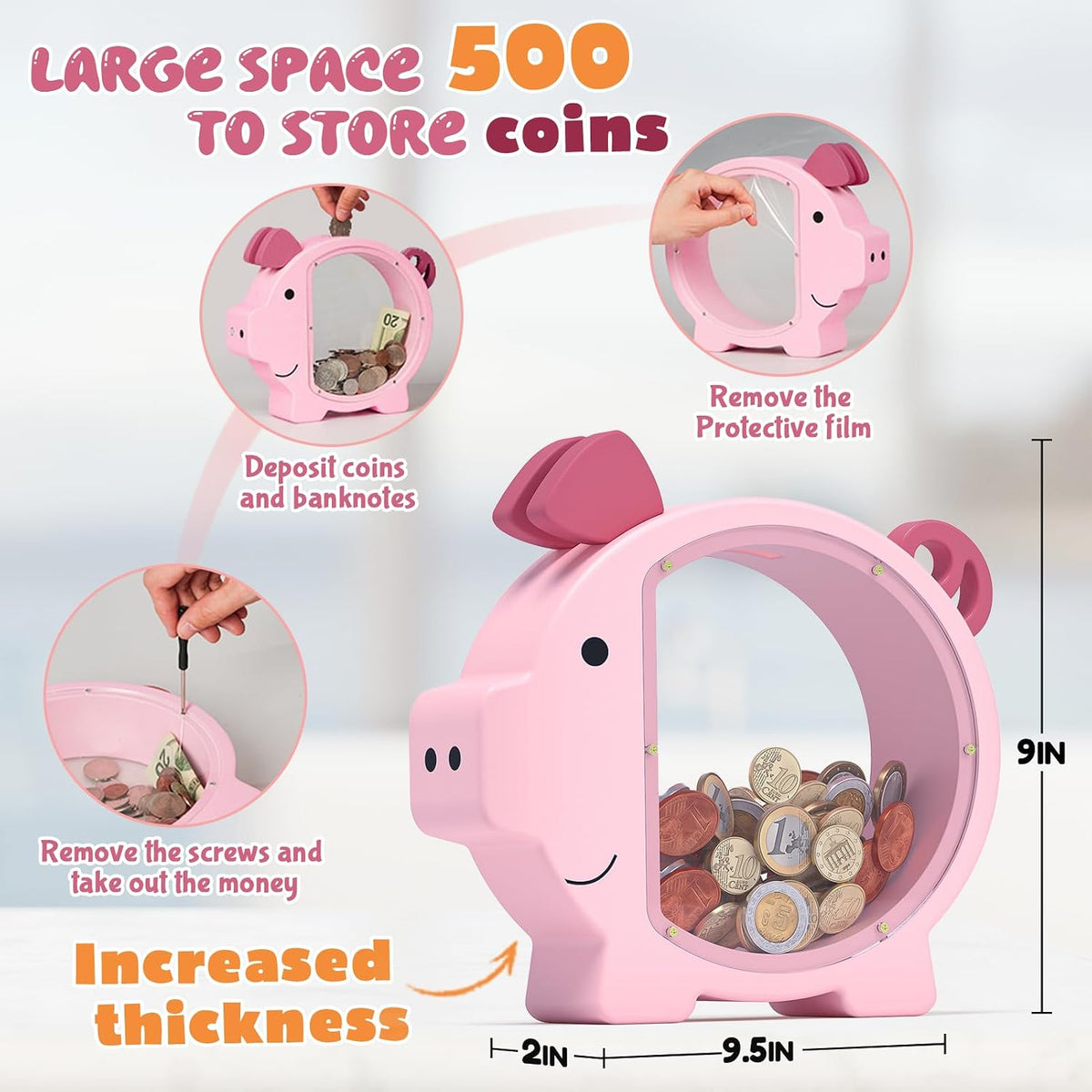 KMC wooden piggy bank for kids with clear acrylic front panel in pink - view 8