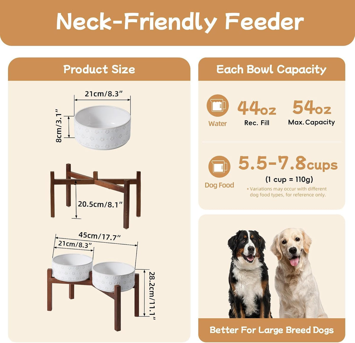 Elevated Dog Bowls, Raised Ceramic Dog Bowl for Small & Medium Dogs – Essentials for Dogs - Double Bowls with Stand- Arctic White / 7.6CUPS - image 2