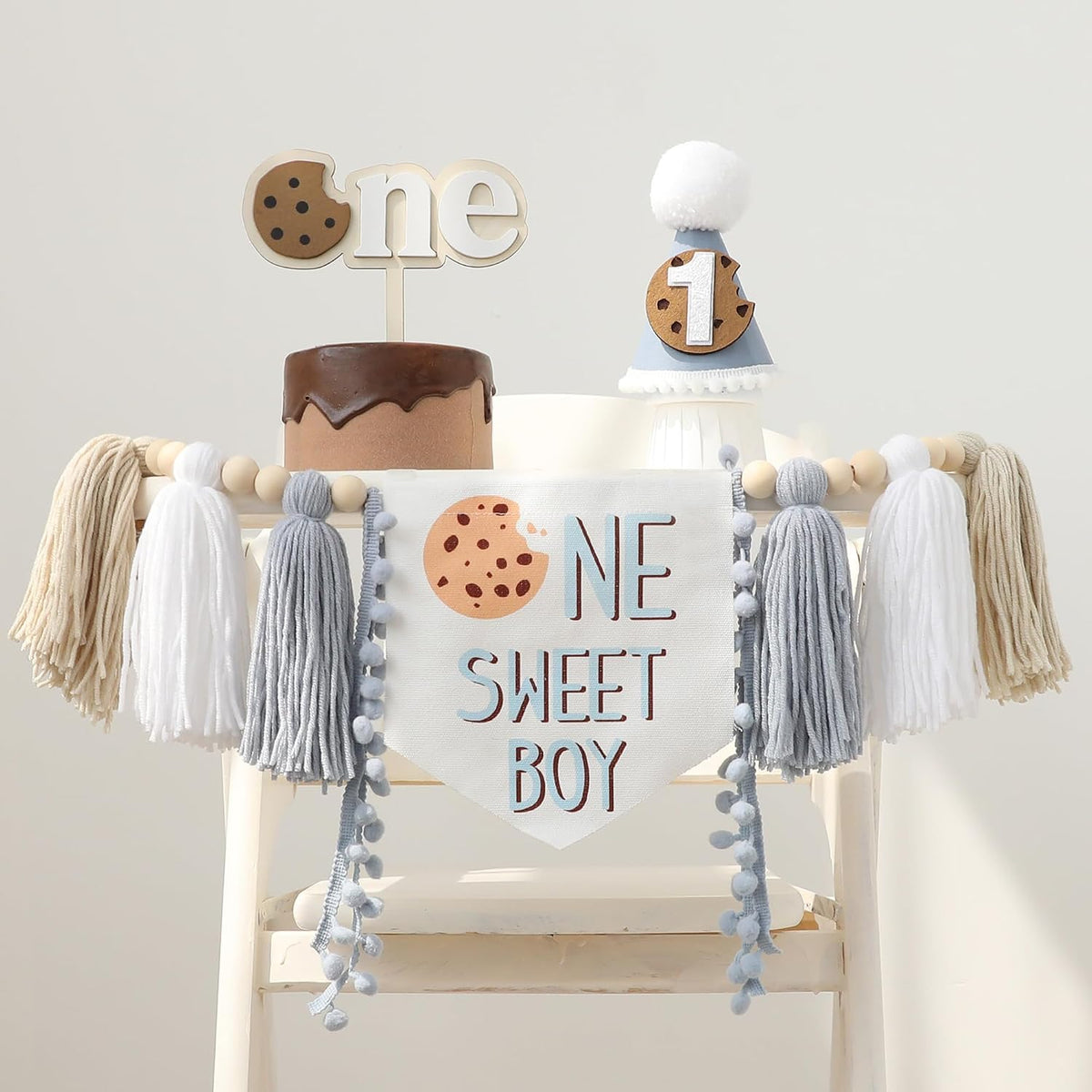 DCJHFJ First Birthday Decorations for Boy Highchair Banner One - Blue Brown White