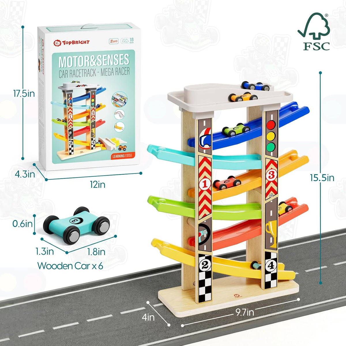 TOP BRIGHT wooden toddler car ramp race track with rooftop parking lot and 4 colorful cars - view 19