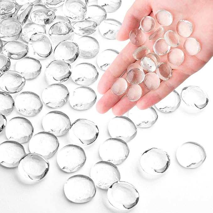 1 LB Clear Glass Marbles, Transparent and Smooth Flat Glass Beads for Vases, Mosaic Gem Pebbles for Aquarium Decor, Floral Arrangements, Mancala Stones, Vase Filler and Crafts (Approx. 80-100 PCS)