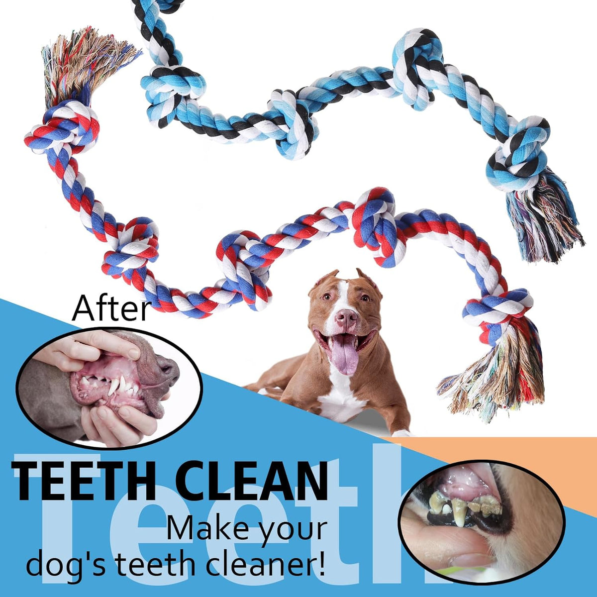 XIGOU Dog Rope Toys for Large Dogs Aggressive Chewers - Blue & Red / 5 Knots - image 4