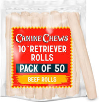 Canine Chews 10" Dog Rawhide Retriever Rolls - Rawhide Bones for Large Dogs (50 pk) - Natural Beef Dog Rawhide Chews - Single Ingredient Dog Rawhide Bones - Large Rawhide Bones for Dogs Dental Chew