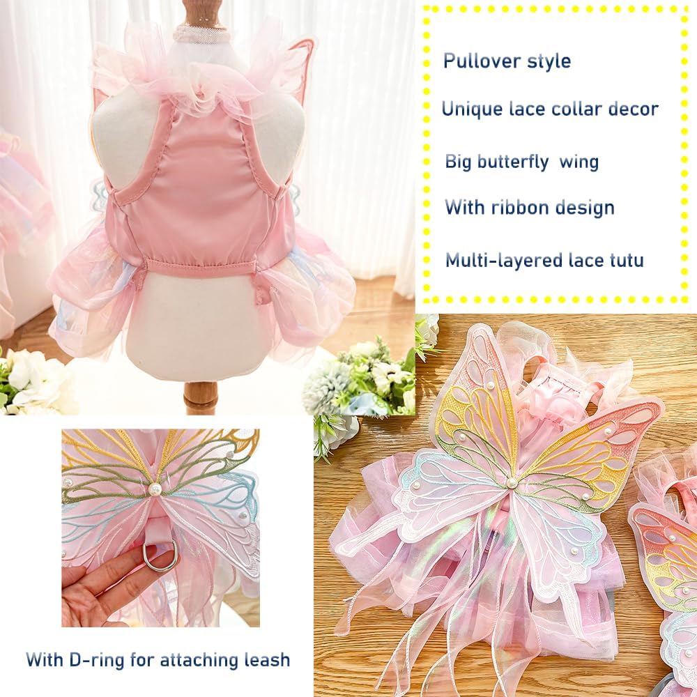 Pink butterfly dog costume dress with lace tutu skirt and gauze wings for small dogs - view 3