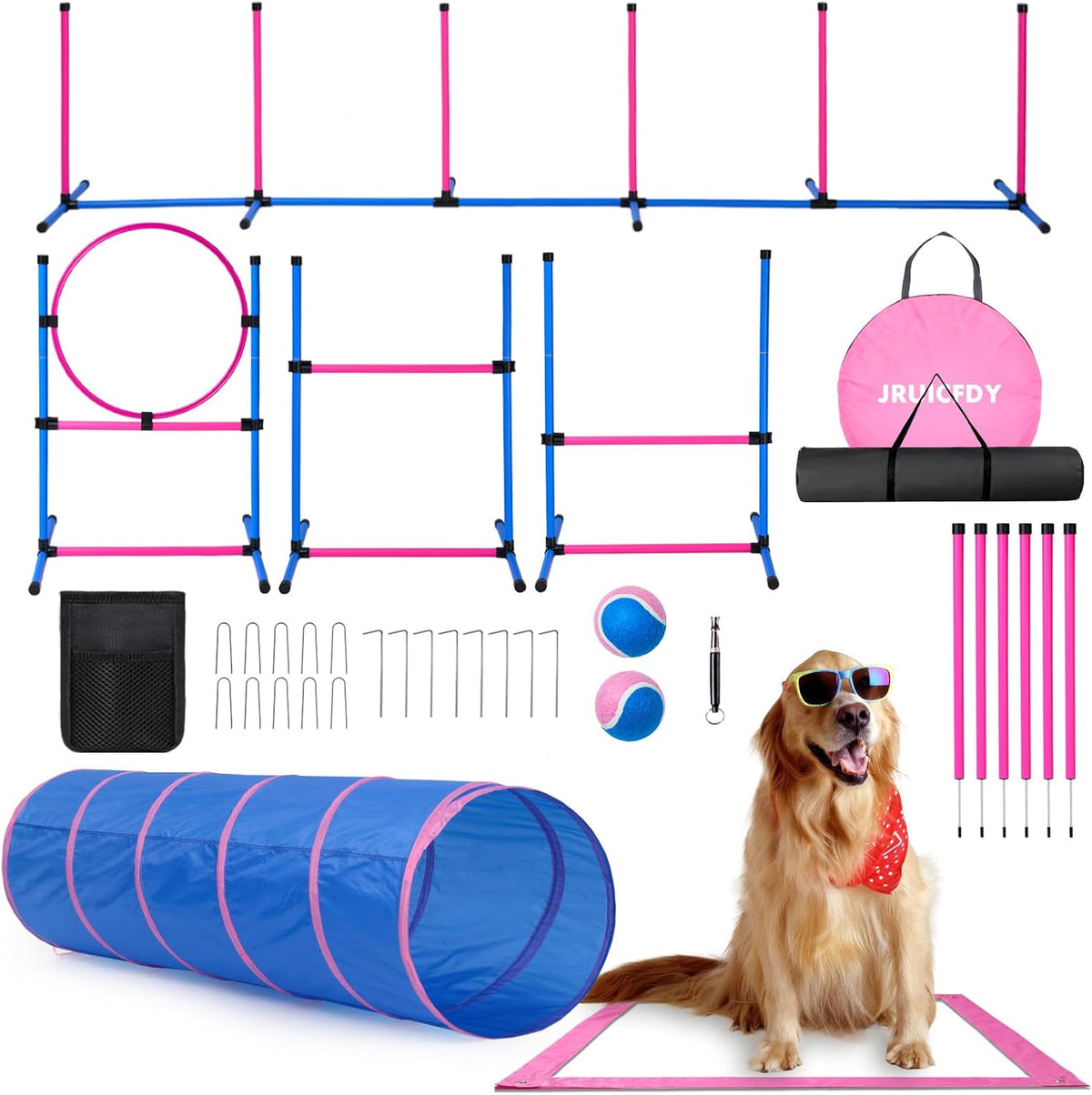 Dog Agility Course Backyard Set，Dog Agility Equipment - Pink-15 PCS SET