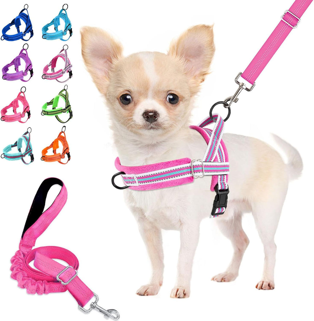 Lukovee Small Dog Harness and Leash Set, No Pull Soft Padded, XS - Fuchsia - with Stripe / S ( Chest 17.5'' ~ 22'')