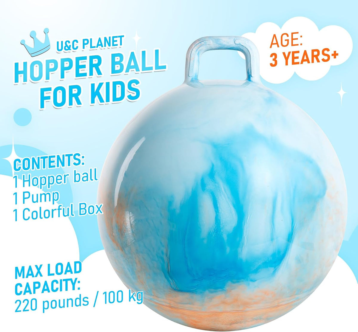 U&C Planet Hopper Ball, 18In Bouncy Ball with Handle for Kids Ages 3-6 – Fun for Kids & Family - 3-6 Years / Blue Clouds - image 2