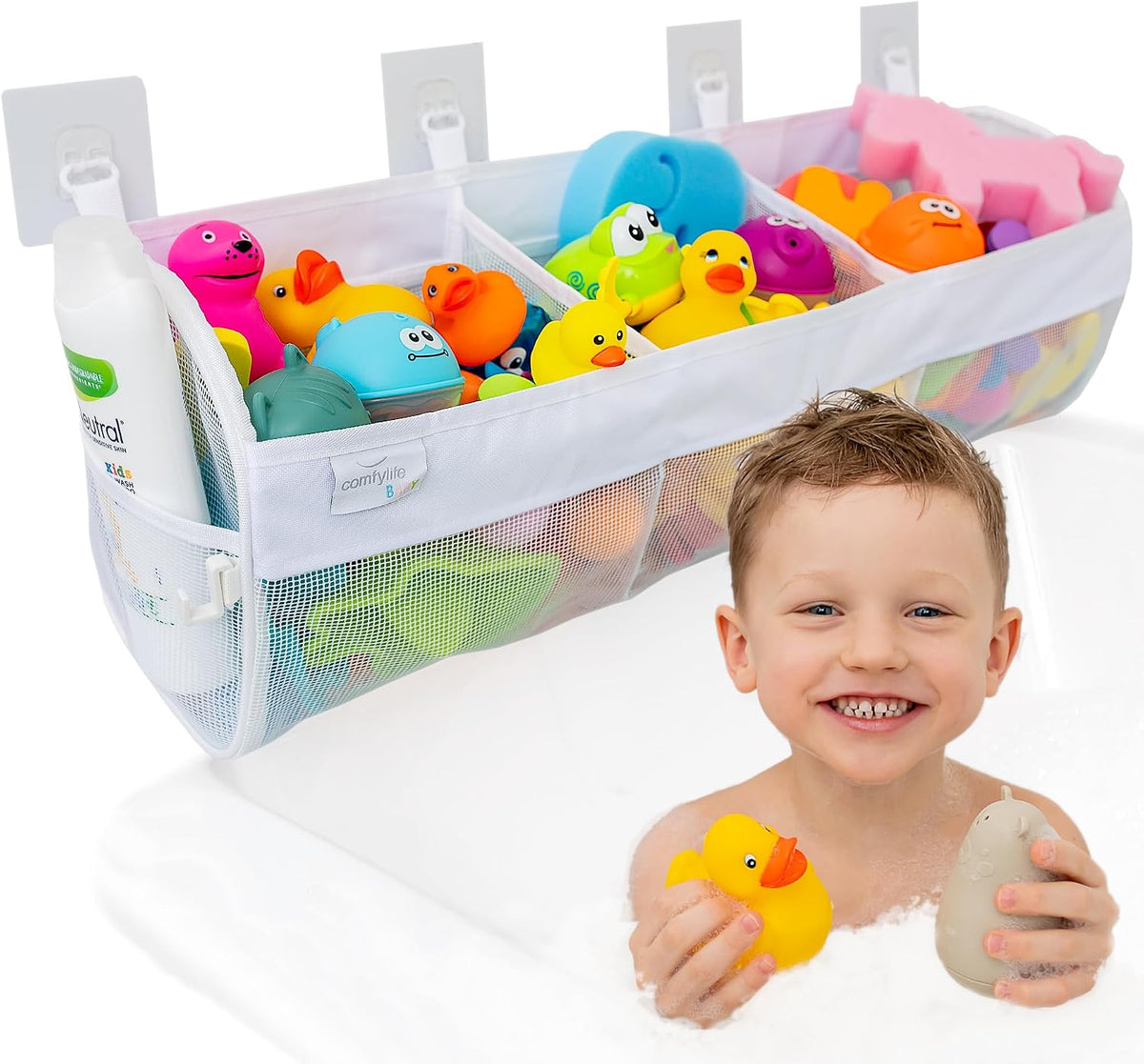 2 x Mesh Bath Toy Organizer + 8 Ultra Strong Hooks - White Long XL