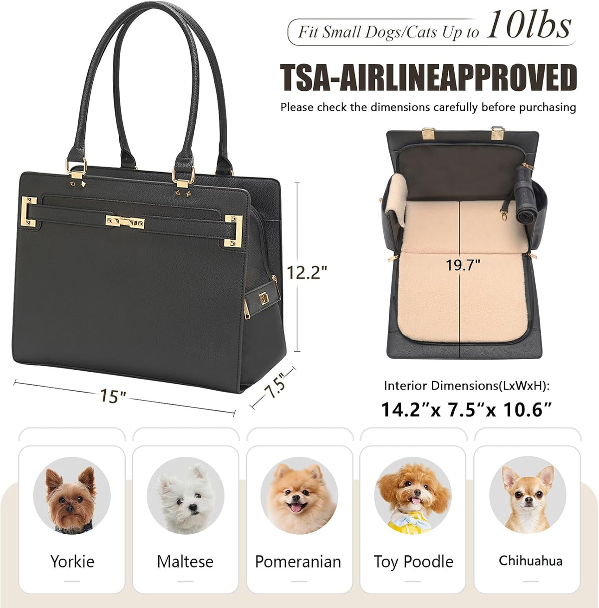 2-in-1 Stylish Dog Purse Carrier Travel Tote Bag for Small Dogs Cats - Black / 15.0"L x 7.5"W x 12.2"H - image 2