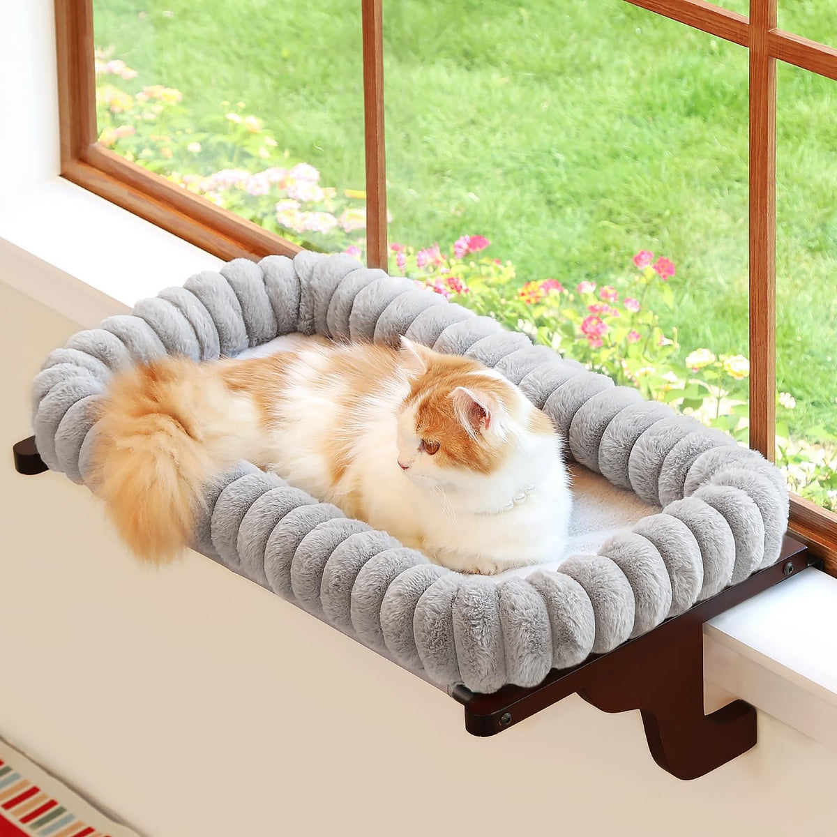 Zakkart SnugCloud Cat Perch for Windowsill – Essentials for Cats - Dark Stained Wood w/ Gray Bed / Medium (22"x15")