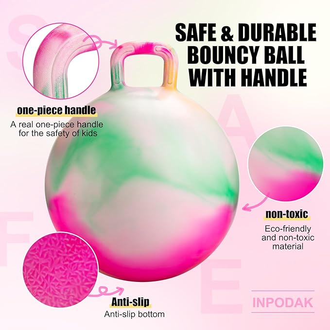 INPODAK Hopper Ball 22 Inch Bouncy Ball with Handle for Kids, Hippity Hop Jumping Bounce Hopping Toy for Boys Girls Ages 7-12 with Pump and Gift Box Great Gift for Birthday Holiday (Pink)