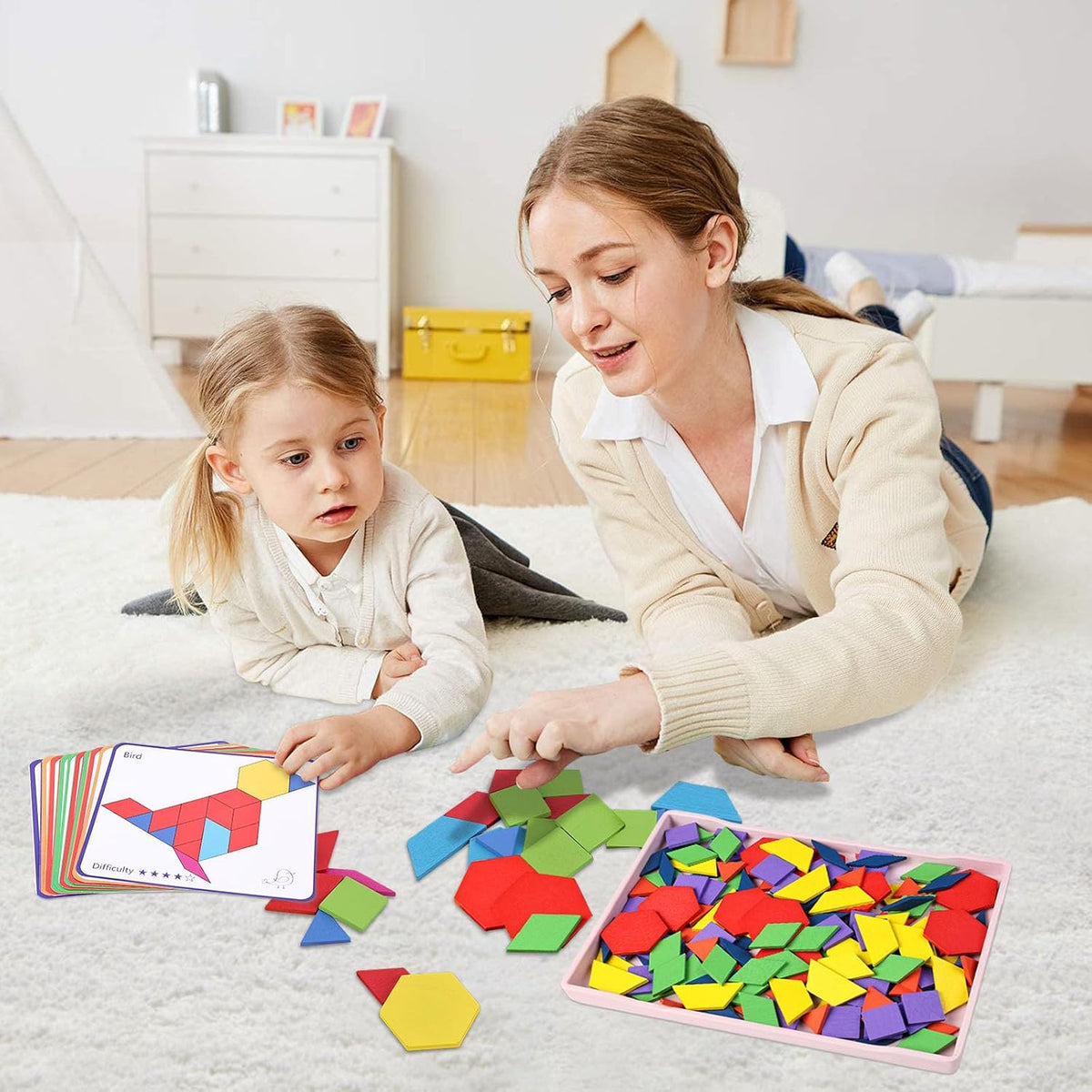 3 Otters wooden pattern blocks set with 150 colorful geometric blocks and pattern cards - view 7