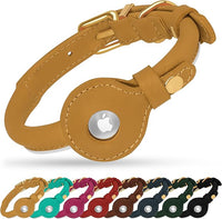 OOPSDOGGY Rolled Leather Dog Collar with Airtag Holder - Reflective Round Airtag Dog Collar - Soft Tracking Pet Collar for Small Dogs Puppy Cats Kitten (Camel, L, 14"-18")