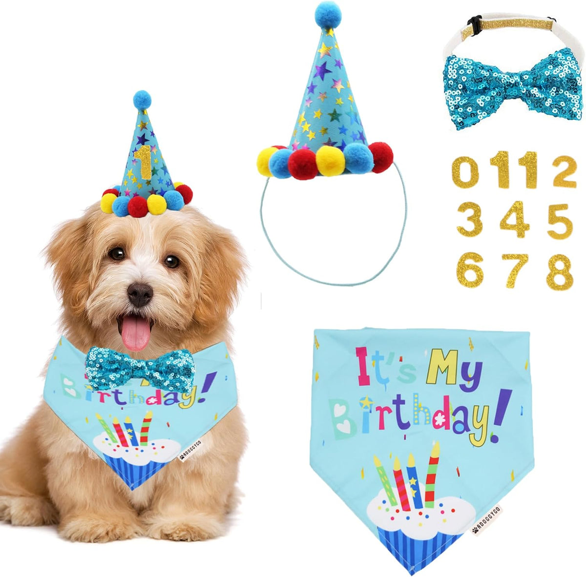 Dog Birthday Hat, Blue Birthday Boy Bandana with Bow Tie - Small / Blue