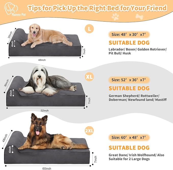 Orthopedic Dog Beds for Large Dogs, 7" Memory Foam Dog Beds with Waterproof Liner, Chew Proof Microsuede Cover, Removable and Washable, Nonskid Bottom, 60"x48" XXL Grey