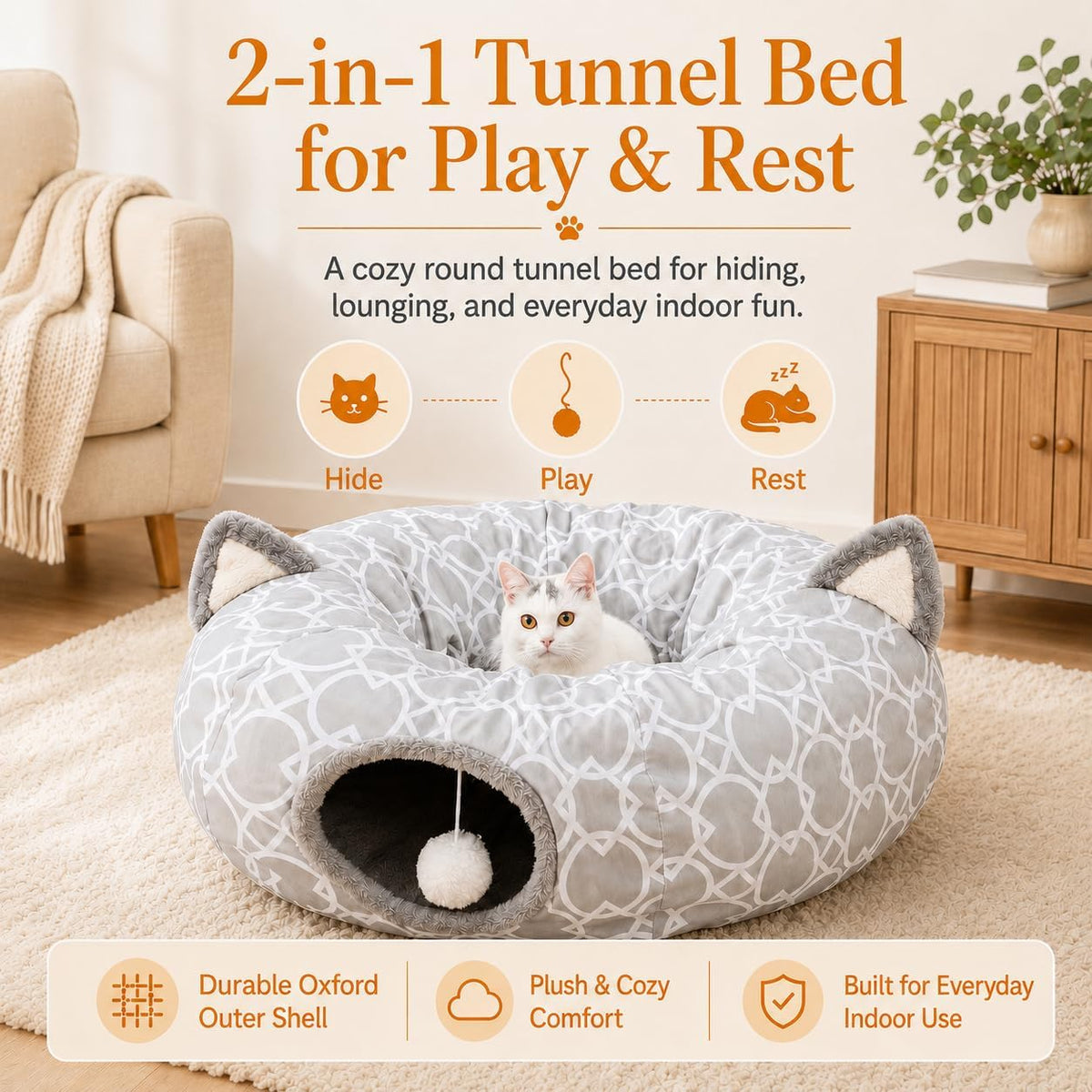 Geometric Straight Cat Tunnel with Plush Inside - Big Tunnel Bed - image 3