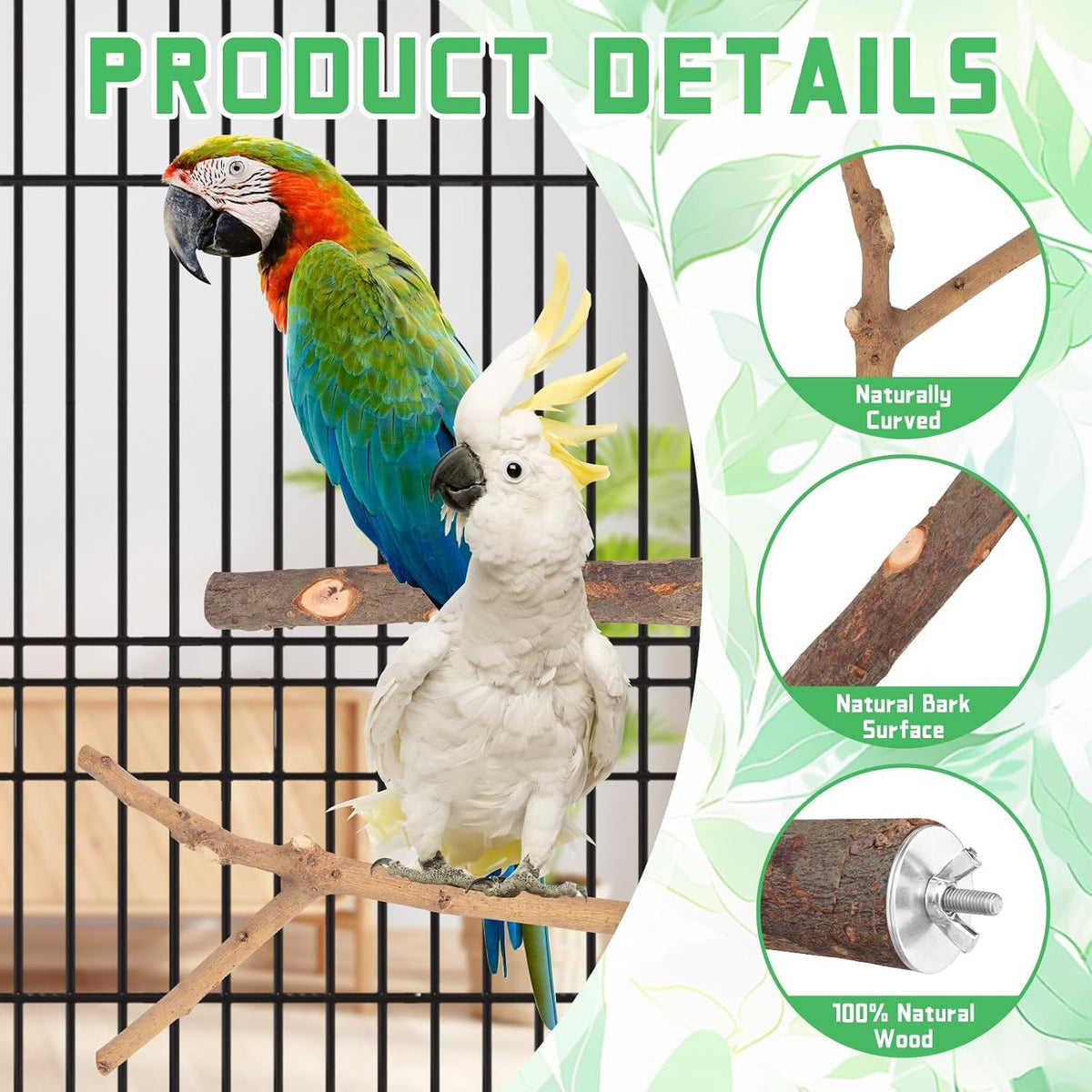 4 Pack Natural Wood Bird Perch Set for Parakeet Cage – Essentials for Birds - 4 Pcs - Extra Thick & Long Set(For Medium/Large Birds) - image 3