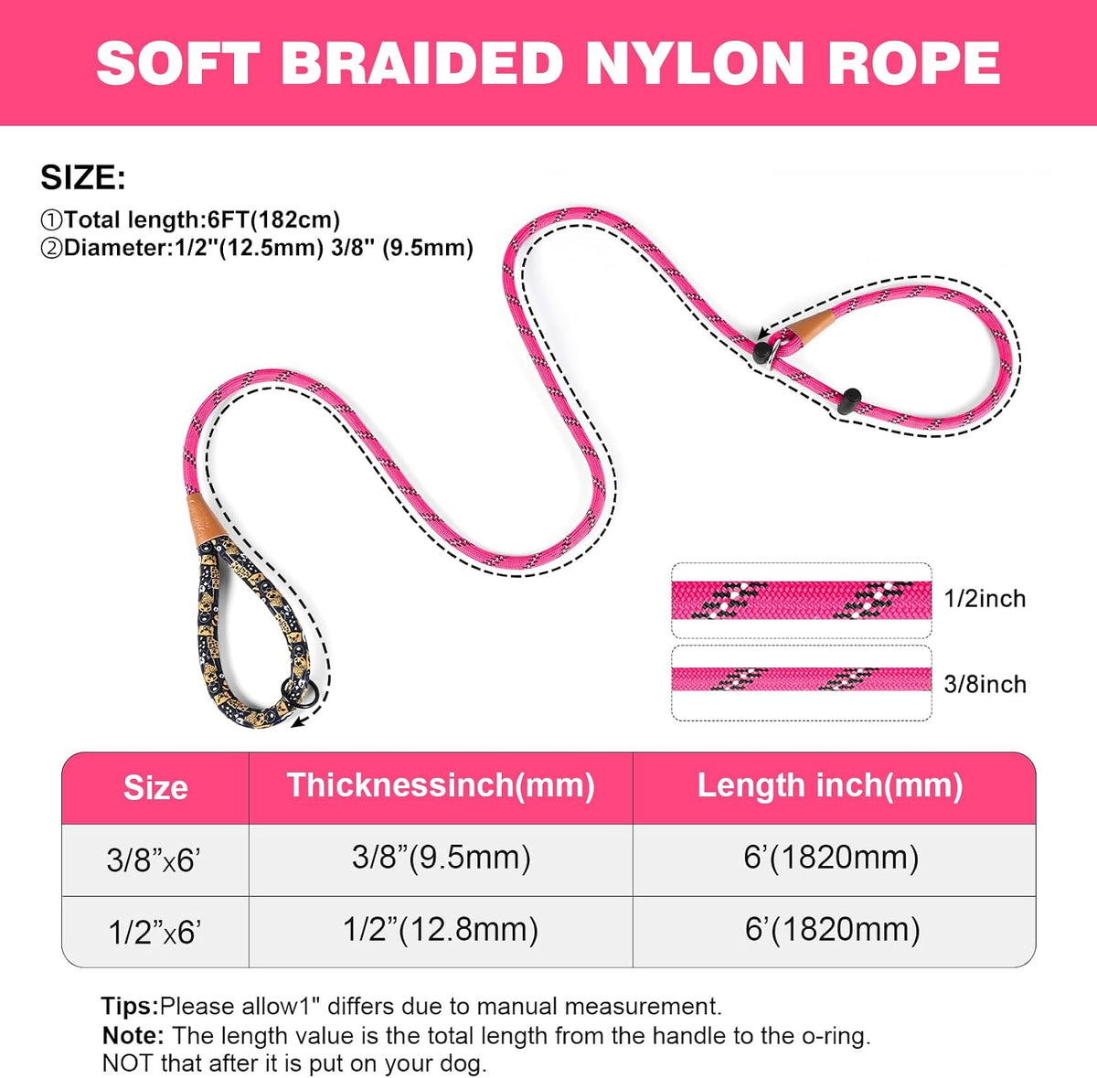 Reflective braided rope slip lead dog leash, 1/2 inch by 6 ft, with padded handle - view 3