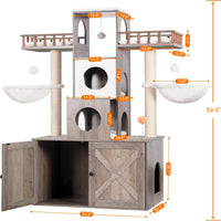 Heybly Cat Tree with Litter Box Enclosure for Indoor Big Cat HCT110SG – Essentials for Cats - Rustic Gray / 60 inch - image 3