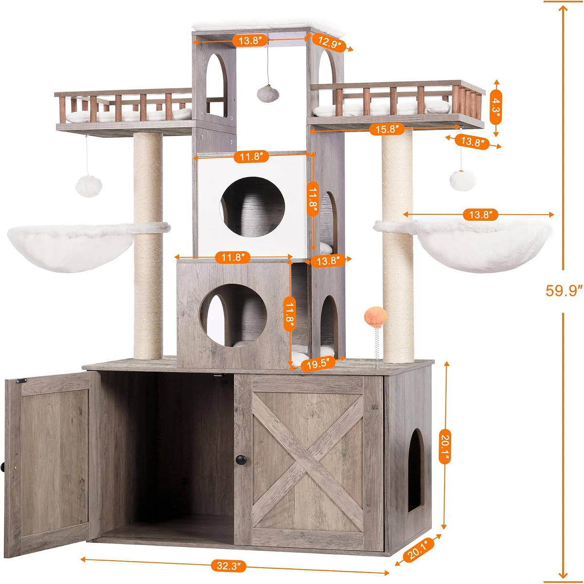 Heybly Cat Tree with Litter Box Enclosure for Indoor Big Cat HCT110SG – Essentials for Cats - Rustic Gray / 60 inch - image 3