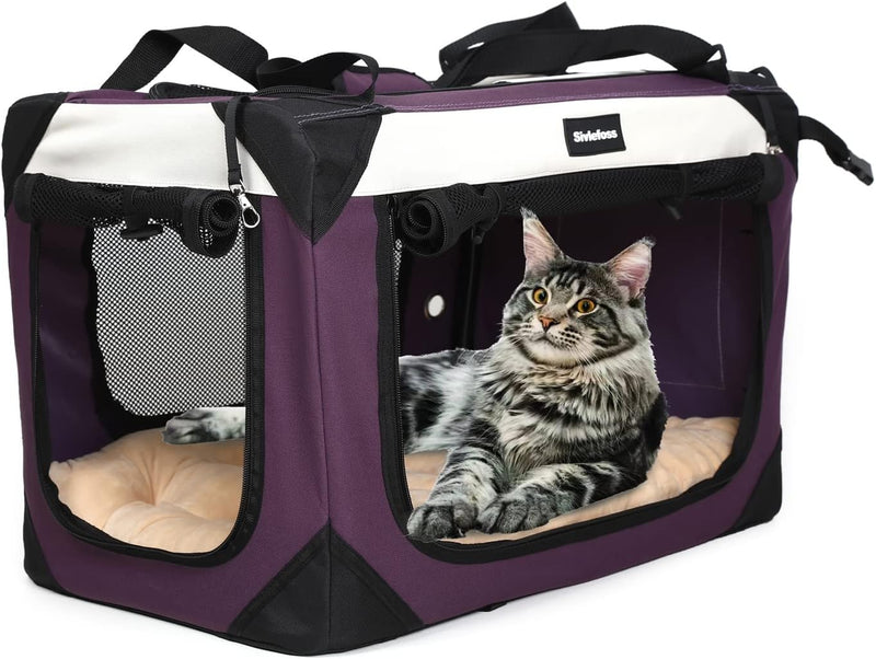 Large Cat Carrier Collapsible Travel Dog Crate Portable Soft-Sided - 24.0"L x 16.0"W x 16.0"H / Purple