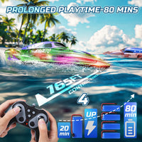DEERC 2-pack remote control boats for kids with LED lights in green and red, white, blue - view 3