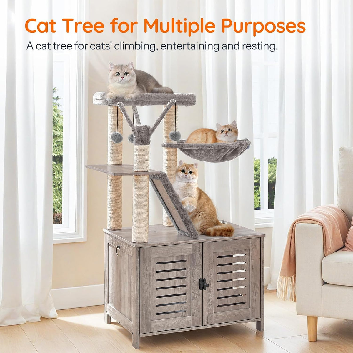 HOOBRO Cat Tree with Litter Box Enclosure - Greige - image 2