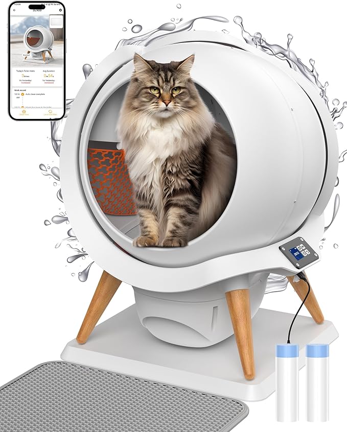 HoneyGuaridan Self Cleaning Cat Litter Box,IPX5 Waterproof Automatic Cat Litter Box,App Control, Odourless, Integrated Safety Protection, Water Rinsable and Easy to Clean, for Multiple Cats (3-33lb)