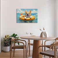 Ocean Funny Corgi Dog Pictures Wall Art, Bathroom Cute Dog Wall Decor Sea Coastal Framed Painting Beach Canvas Artwork for Bathroom Bedroom Living Room Decorations 24"L x 16"W