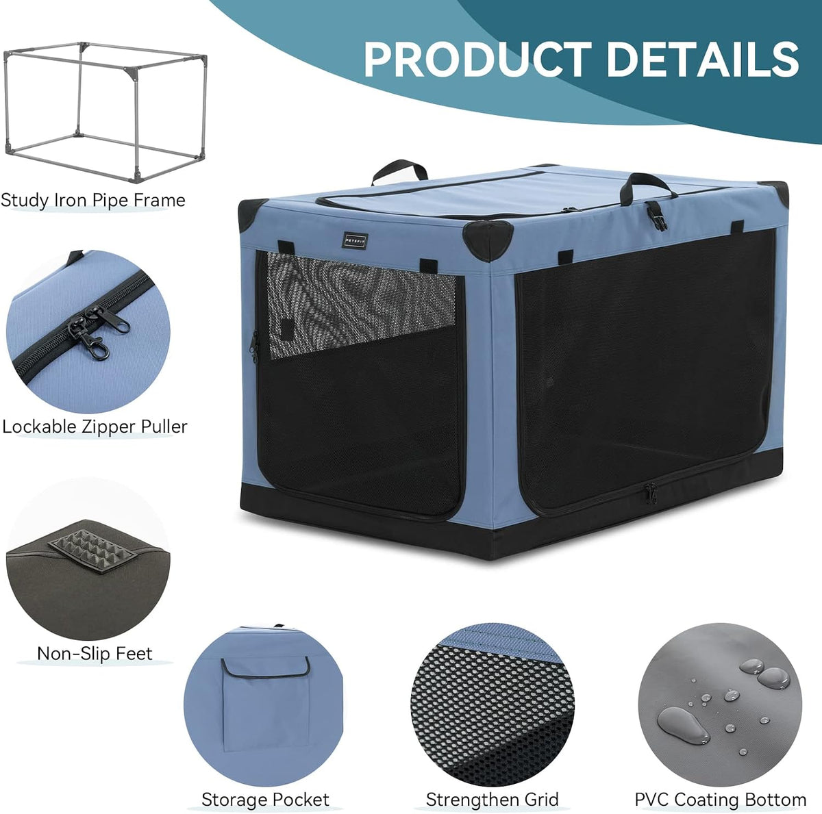 PETSFIT 36" Soft Portable Dog Crate - 40.0"L x 25.0"W x 25.0"H / Blue - image 4
