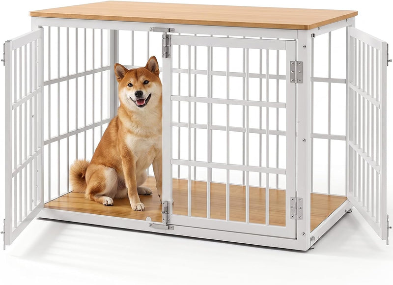 DUMOS Dog Crate Furniture 38 Inch Indoor Crate Dog Cage Wooden Kennel – Essentials for Dogs - White / 42.1"L x 30.0"W x 30.2"H / 1