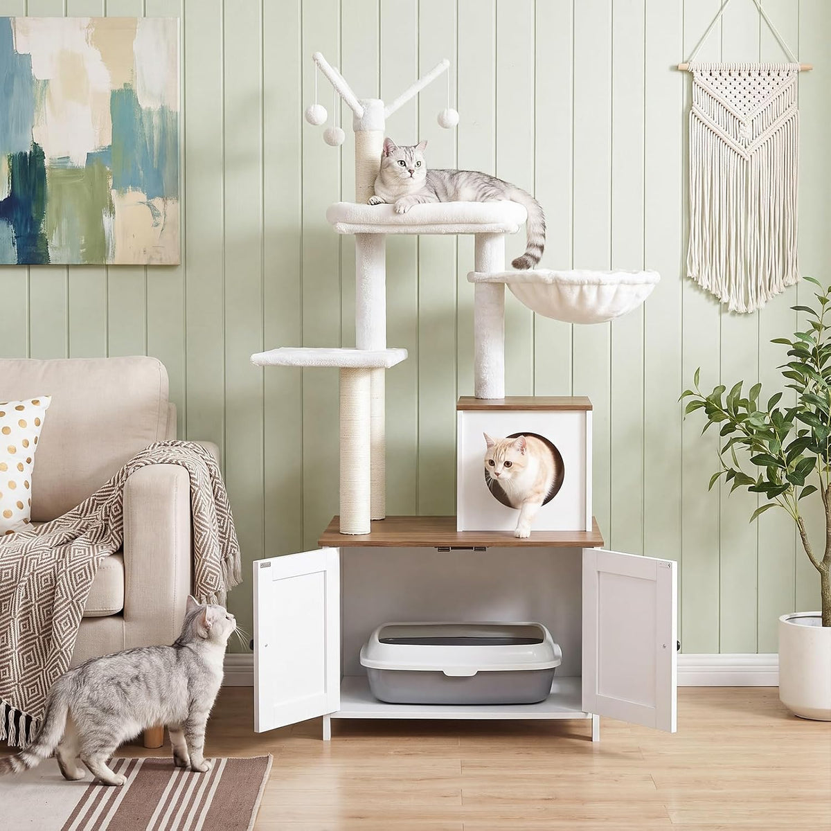 HOOBRO Cat Tree Tower with Litter Box Enclosure Indoor - White + Walnut - image 3