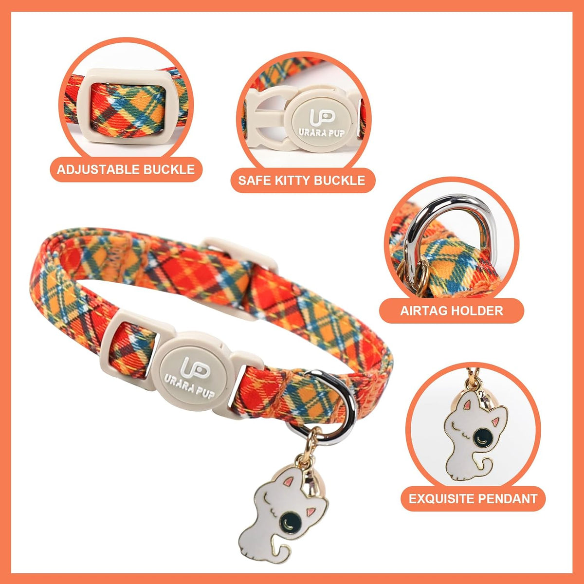 2 pack of orange and yellow autumn plaid cotton cat collars with breakaway buckle - view 2