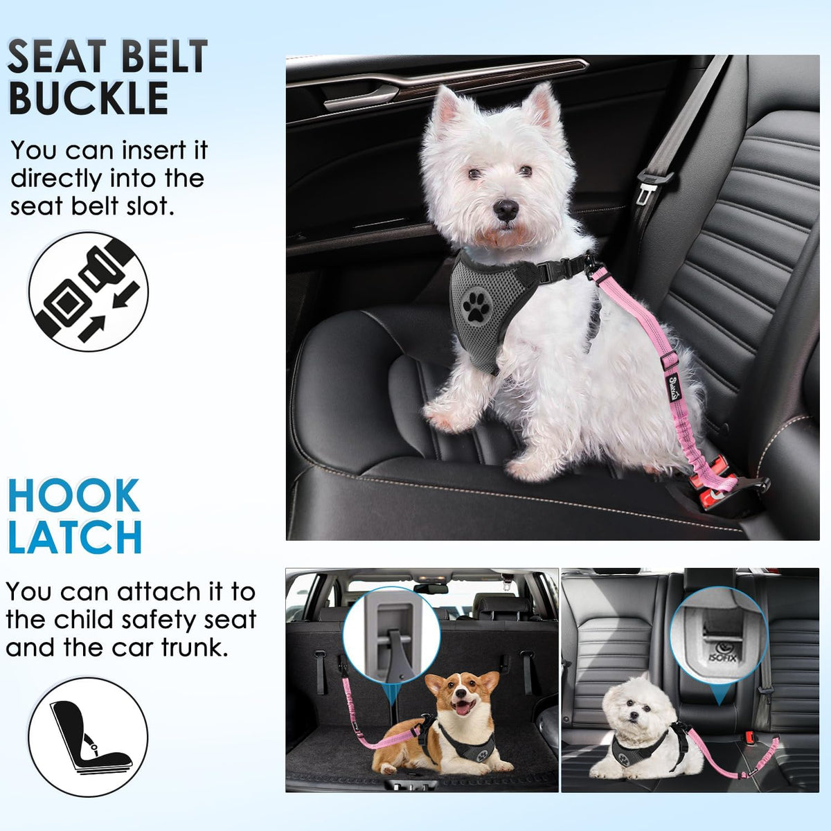Lukovee Dog Seat Belt, 3-in-1 Headrest & Seatbelt Clip & Latch, 2 Pack – Essentials for Dogs - A-Pink / A- Headrest with Clip + 2 in 1 Seat Belt - image 3
