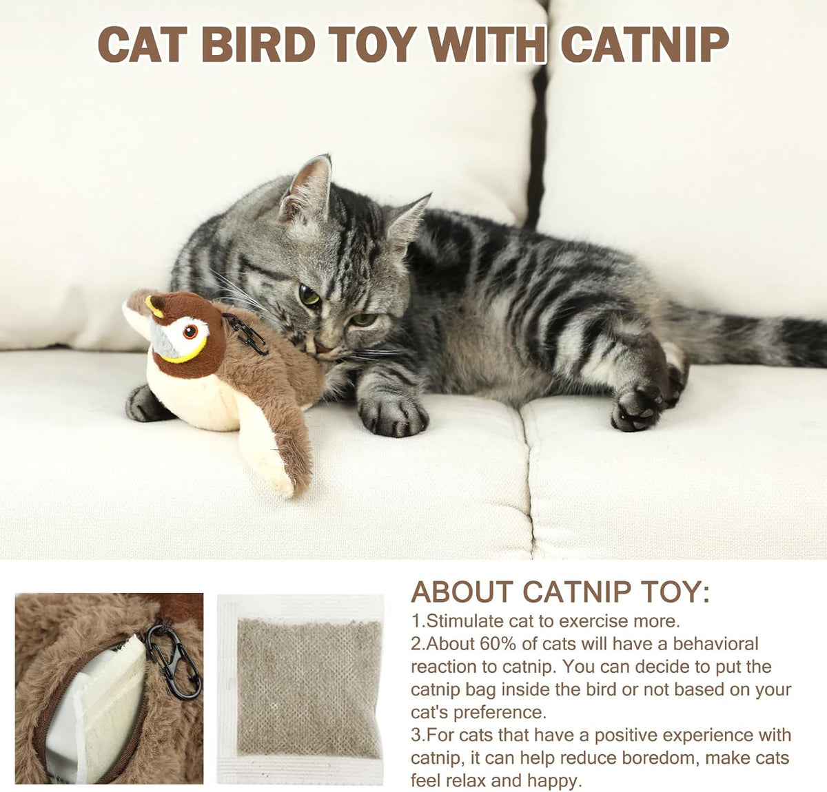 Tocirelo Cat Toys Flopping Fish with Catnip - Brown Bird Cat Toy - image 4
