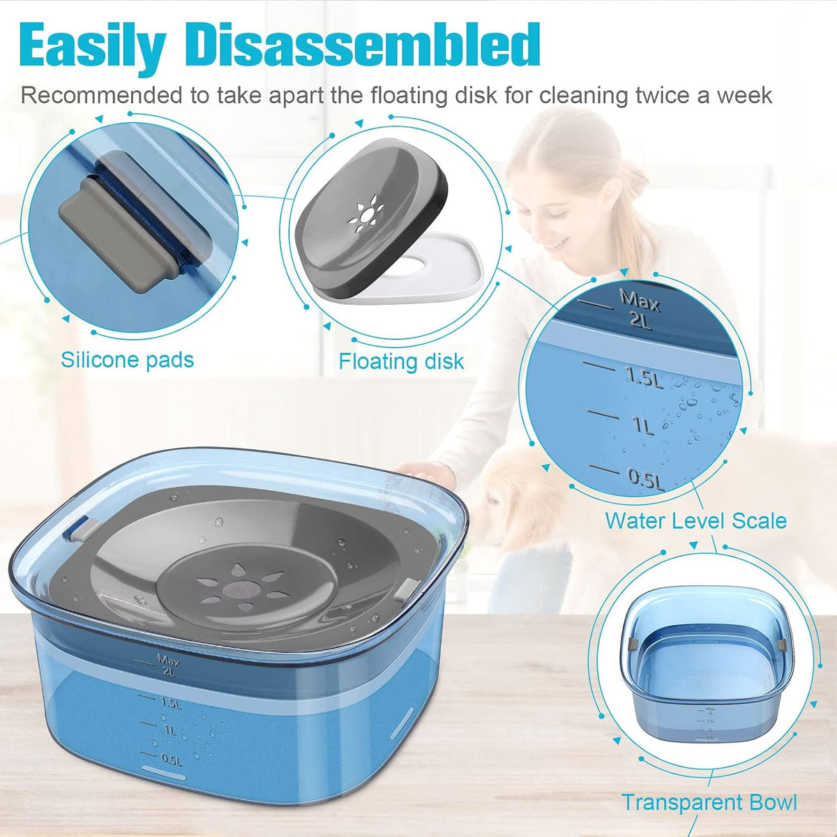 UPSKY 4L Dog Water Bowl No Spill Large Capacity Slow Drinking Water - 2 L / D-Blue - image 3