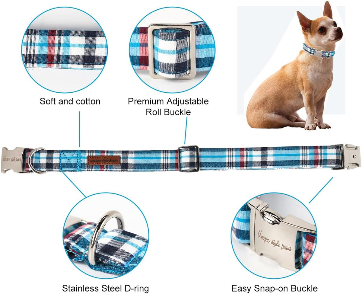 Dog Collar With Metal Buckle, Red Rose Flower Gift for Small - blue plaid / M - image 2