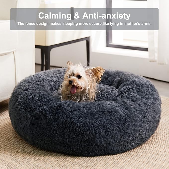 WNPETHOME Calming Dog Bed & Cat Bed, Anti-Anxiety Donut Small Dog Beds, Fluffy Faux Fur Cat Cushion Dogs Beds for Small Dogs and Cats (20 x 20 x 8 Inch, Navy Grey)