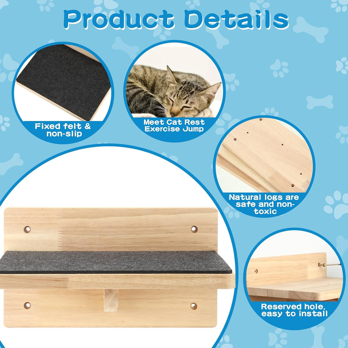 Lenwen 6 Set Cat Wall Shelves, Wood Cat Climbing Step - Classic - image 4